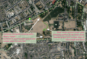 A potential quiet route in Burgess Park with a minimal visual footprint.