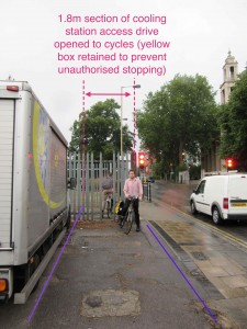 Photo taken on Wells Way (junction with St. George's Way) showing that physical barriers to creating safe space for cycling are minimal.