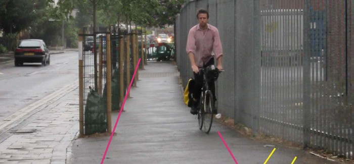 Photo taken on Wells Way (junction with St. George's Way) showing that physical barriers to creating safe space for cycling are minimal.