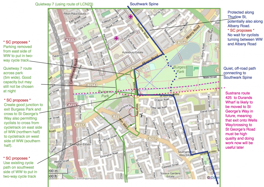 A map of Burgess Park and area, featuring cycling routes planned, built, and proposed.