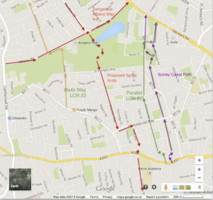 A map of Burgess Park and area, showing current cycling routes and the Spine route proposed by Southwark Council.