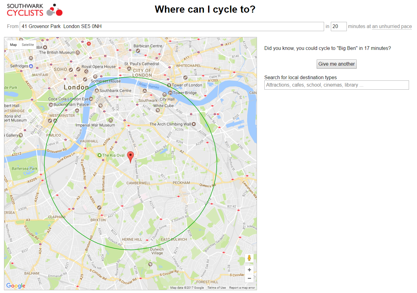 Screenshot of Where Can I Cycle To page