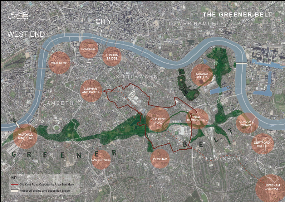 Image depicting green space between Vauxhall and Convoy's Wharf, with parks linked together by new green links