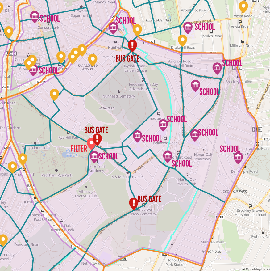 map of nunhead and peckham rye with filters and schools